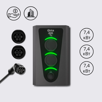 Зарядная станция 3-портовая Smart Wall 7,4+7,4+7,4 кВт с розеткой Тype 2 + розеткой Тype 2 + разъем Тype 2 с кабелем 5м SW322-S-S-C2 Octa Energy SW322-S-S-C2 фото