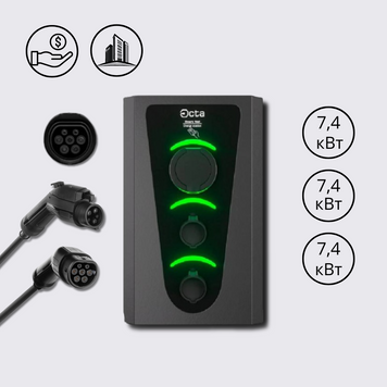 Зарядна станція 3-портова Smart Wall 7,4+7,4+7,4 кВт розетка Type 2 + роз'єм Тype 1 + Тype 2 з кабелем 5м SW322-S-C1-C2 Octa Energy SW322-S-C1-C2 фото