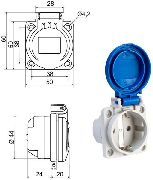 Розетка силова SCHUKO 16A 250В 2P+E IP54 IDE Синій (00452) 00452 фото