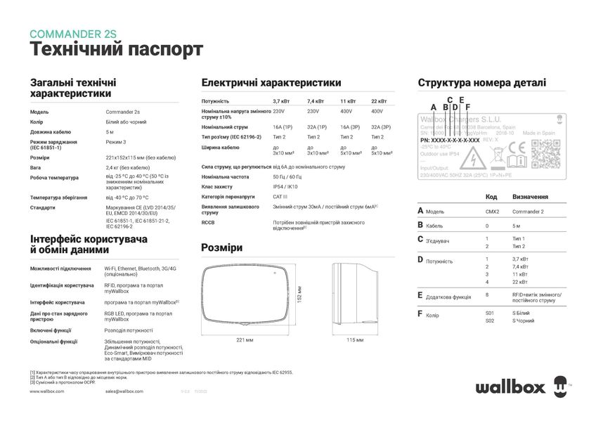 Зарядна станція Commander 2S Wallbox 32А 230В/400В 22 кВт чорна з роз'ємом Тype 2 з кабелем 5м CMX2-0-2-4-8-S02 CMX2-0-2-4-8-S01 фото