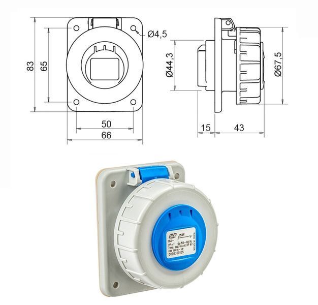 Розетка силова SCHUKO 16A 250В 2P+E IP67 IDE Синій (00105) 00105 фото