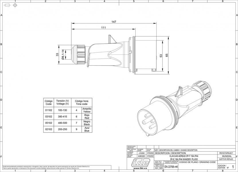 Вилка кабельная 16A 415В 3P+E IP44 IDE Красный 03102 03102 фото