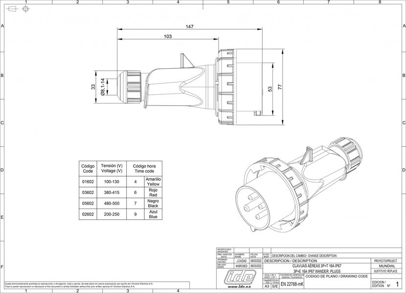 Вилка кабельная 16A 415В 3P+E IP67 IDE Красный 03602 03602 фото