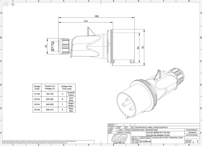 Вилка кабельная 32A 250В 2P+E IP44 IDE Синий  02104 02104 фото