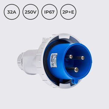 Вилка кабельна 32A 250В 2P+E IP67 IDE Синій 02604 02604 фото