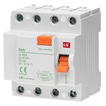 Пристрій захисного відключення LS Electric RKN 4P 25А 6 кА, 30 мА АС (062400378B) 062400378B фото