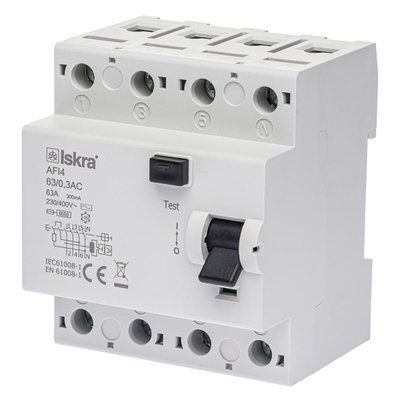 Пристрій захисного відключення 63A 3Р+N AC 300 mA 230/400В ISKRA AFI4 (30105074000) 30105074000 фото