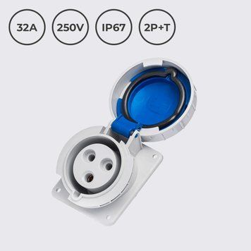 Розетка встраиваемая 32A 250 В 2P+T IP67 IDE наклонная силовая Синий (02804) 02804 фото